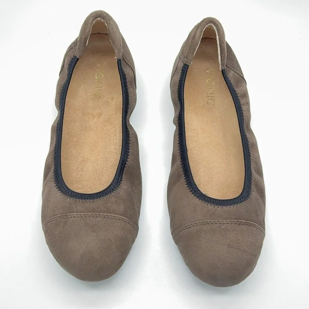 Vionic Orthotic Suede Ballet Flats Natalia Dark Taupe Black Trim Support Sz 9 - Picture 1 of 9